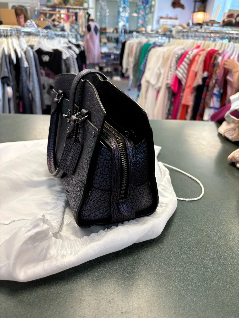 Coach Mercer Satchel 24 in green purple hologram iridescent leather